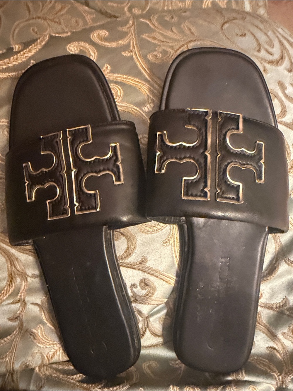 Tory Burch Black Leather Logo Slide Sandals with Gold Trim
